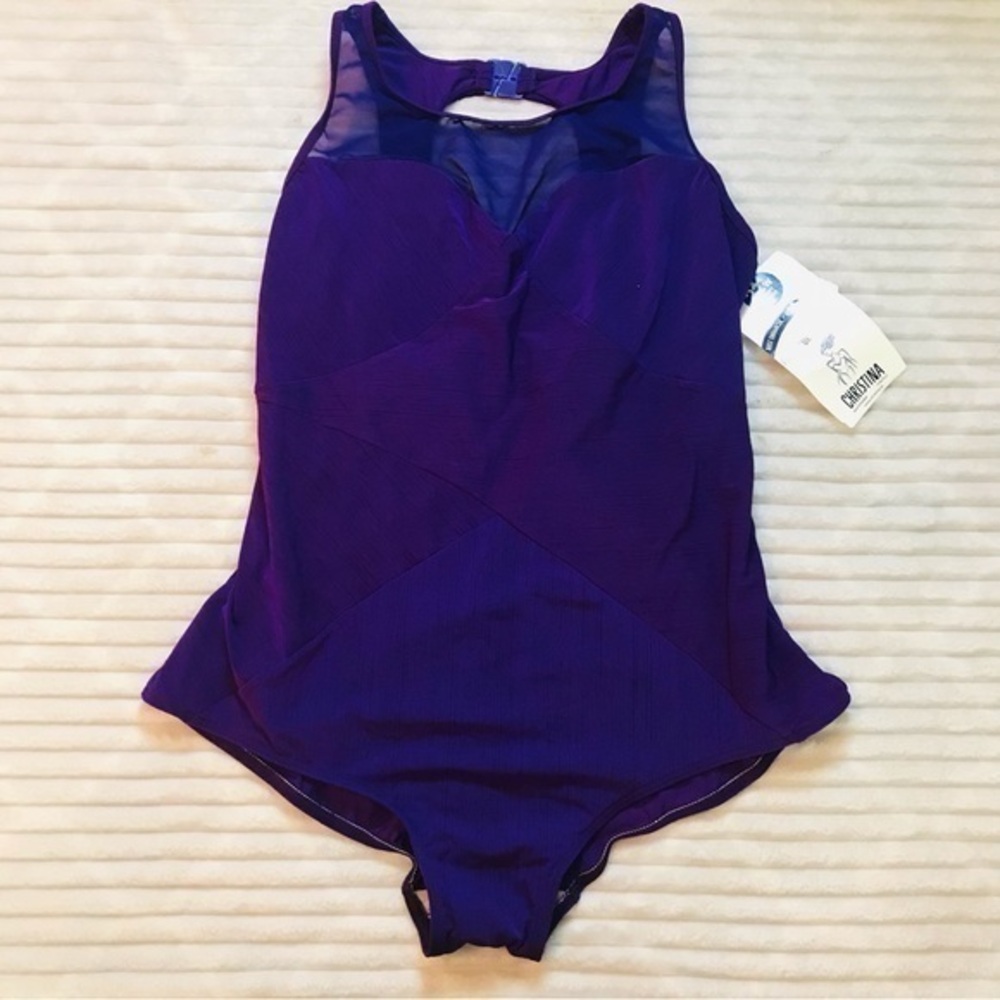 NWT Christina Purple Tummy Tamer Bust Enhancer Slimming Mesh Sweetheart Swimsuit